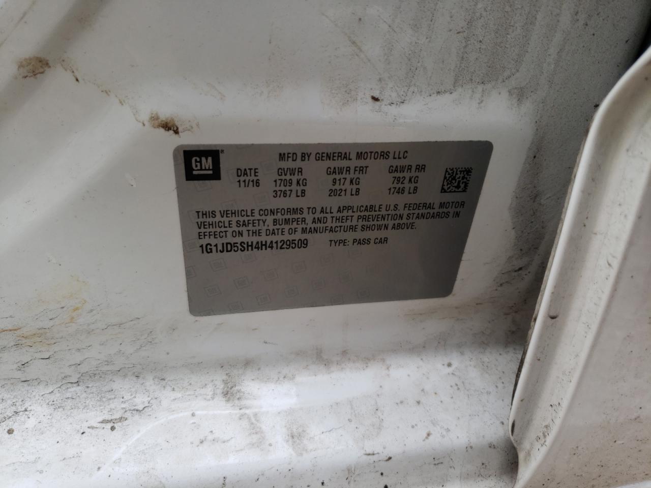 Photo 10 from auction – 2017 CHEVROLET SONIC LT with VIN 1G1JD5SH4H4129509