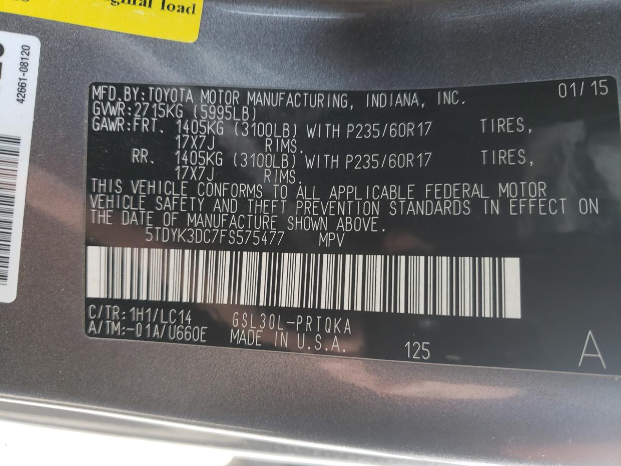 Photo 10 from auction – 2015 TOYOTA SIENNA XLE with VIN 5TDYK3DC7FS575477