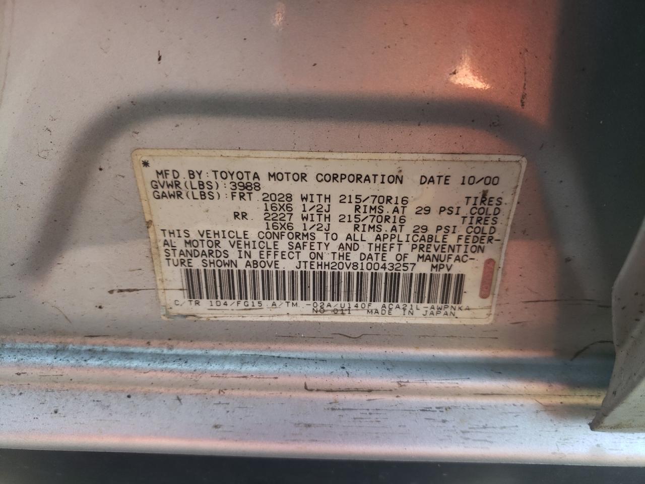 Photo 10 from auction – 2001 TOYOTA RAV4 with VIN JTEHH20V810043257