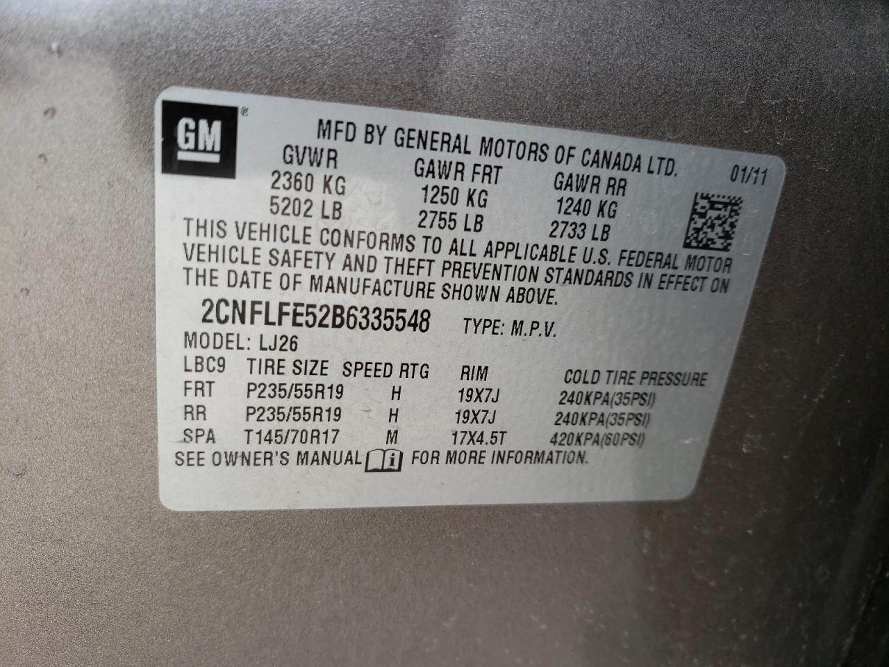 Photo 10 from auction – 2011 CHEVROLET EQUINOX LT with VIN 2CNFLFE52B6335548