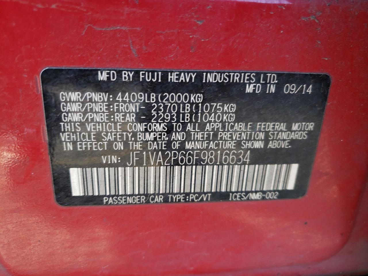 Photo 10 from auction – 2015 SUBARU WRX STI with VIN JF1VA2P66F9816634