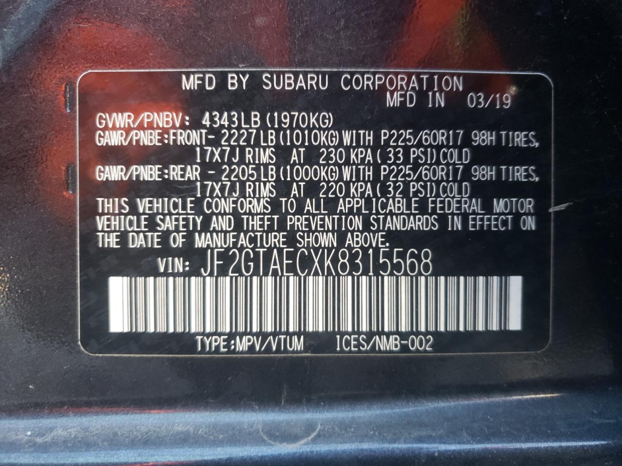 Photo 10 from auction – 2019 SUBARU CROSSTREK with VIN JF2GTAECXK8315568