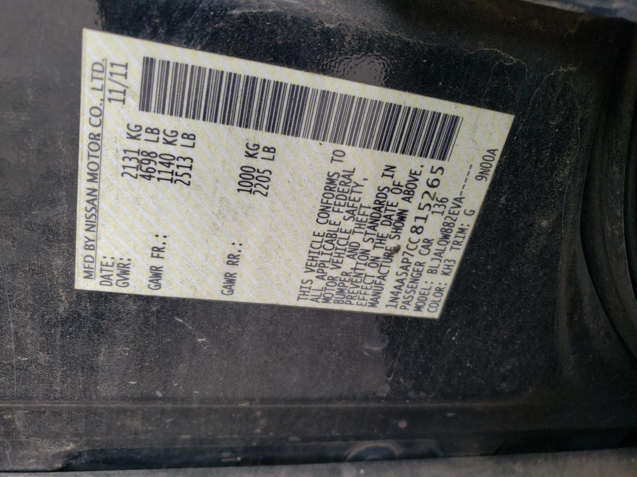 Photo 10 from auction – 2012 NISSAN MAXIMA S with VIN 1N4AA5AP7CC815265