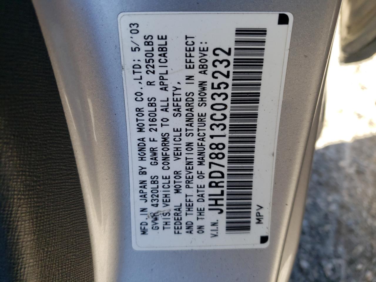 Photo 10 from auction – 2003 HONDA CR-V EX with VIN JHLRD78813C035232