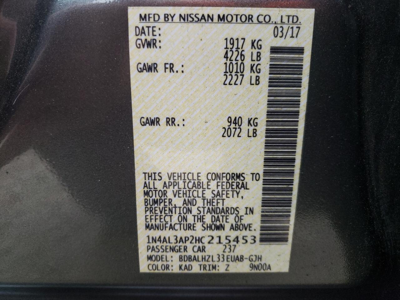 Photo 10 from auction – 2017 NISSAN ALTIMA 2.5 with VIN 1N4AL3AP2HC215453