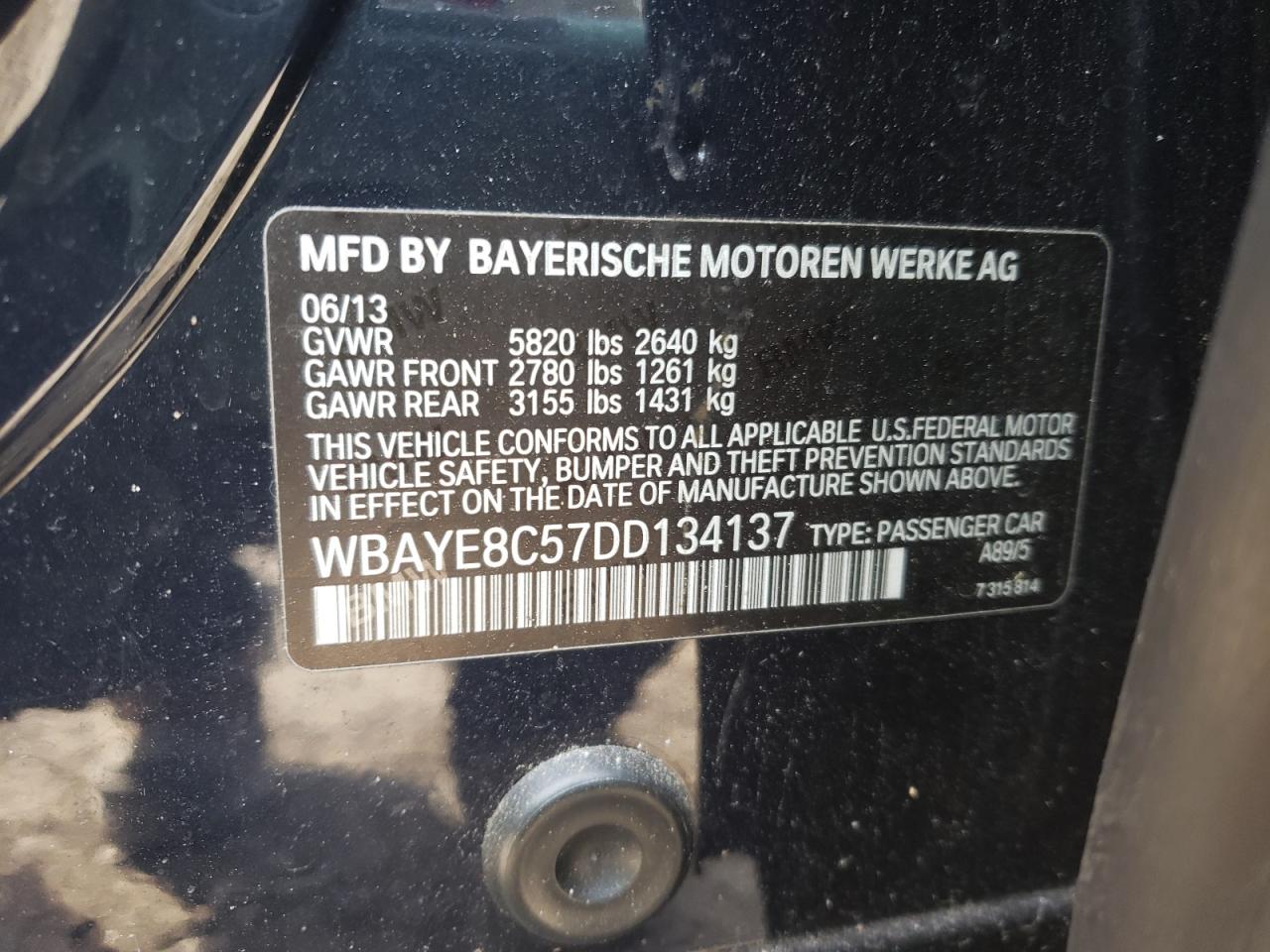 Photo 10 from auction – 2013 BMW 750 LI with VIN WBAYE8C57DD134137