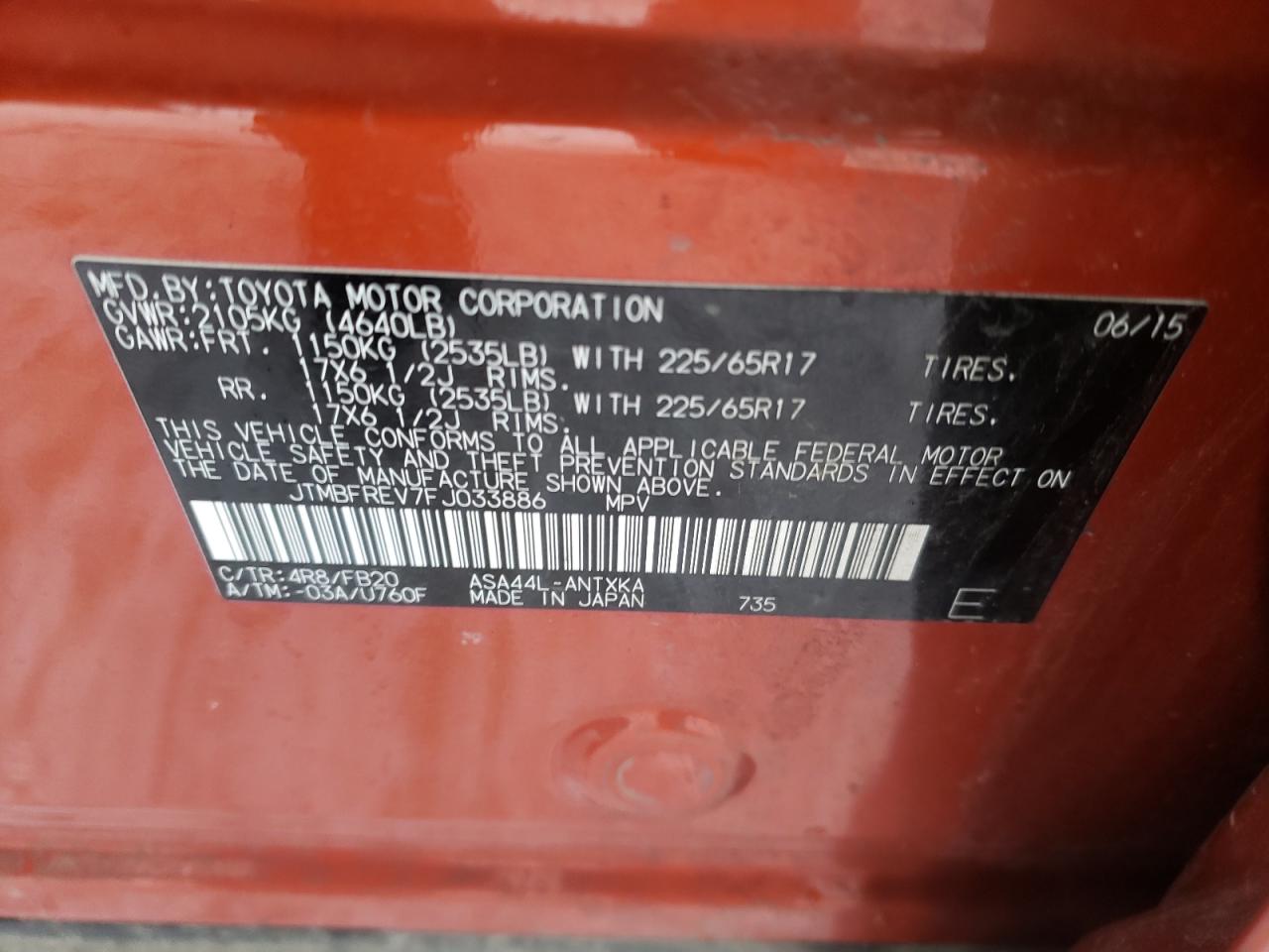 Photo 10 from auction – 2015 TOYOTA RAV 4 with VIN JTMBFREV7FJ033886