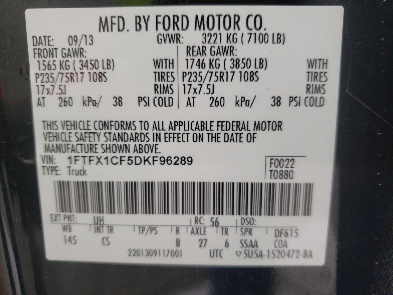 Photo 10 from auction – 2013 FORD F150 SUPER with VIN 1FTFX1CF5DKF96289