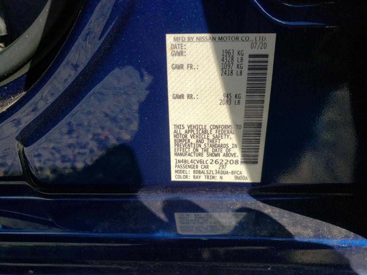 Photo 10 from auction – 2020 NISSAN ALTIMA SR with VIN 1N4BL4CV6LC262208