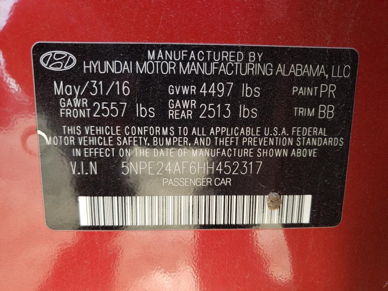 Photo 10 from auction – 2017 HYUNDAI SONATA SE with VIN 5NPE24AF6HH452317