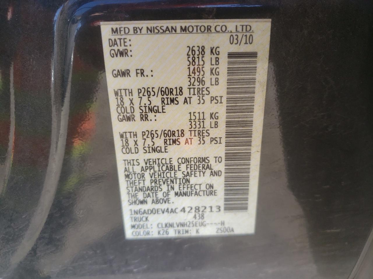 Photo 10 from auction – 2010 NISSAN FRONTIER with VIN 1N6AD0EV4AC428213