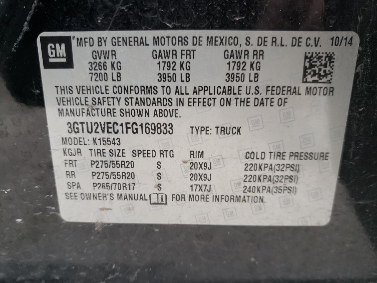 Foto 10 de la subasta – 2015 GMC SIERRA K15 con VIN 3GTU2VEC1FG169833