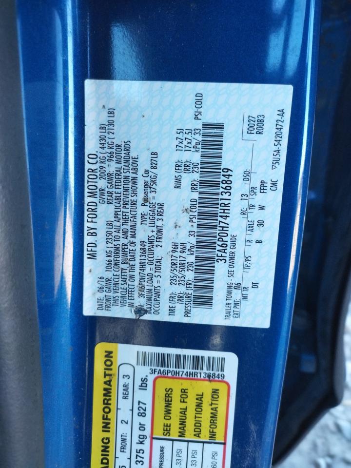 Photo 10 from auction – 2017 FORD FUSION SE with VIN 3FA6P0H74HR136849