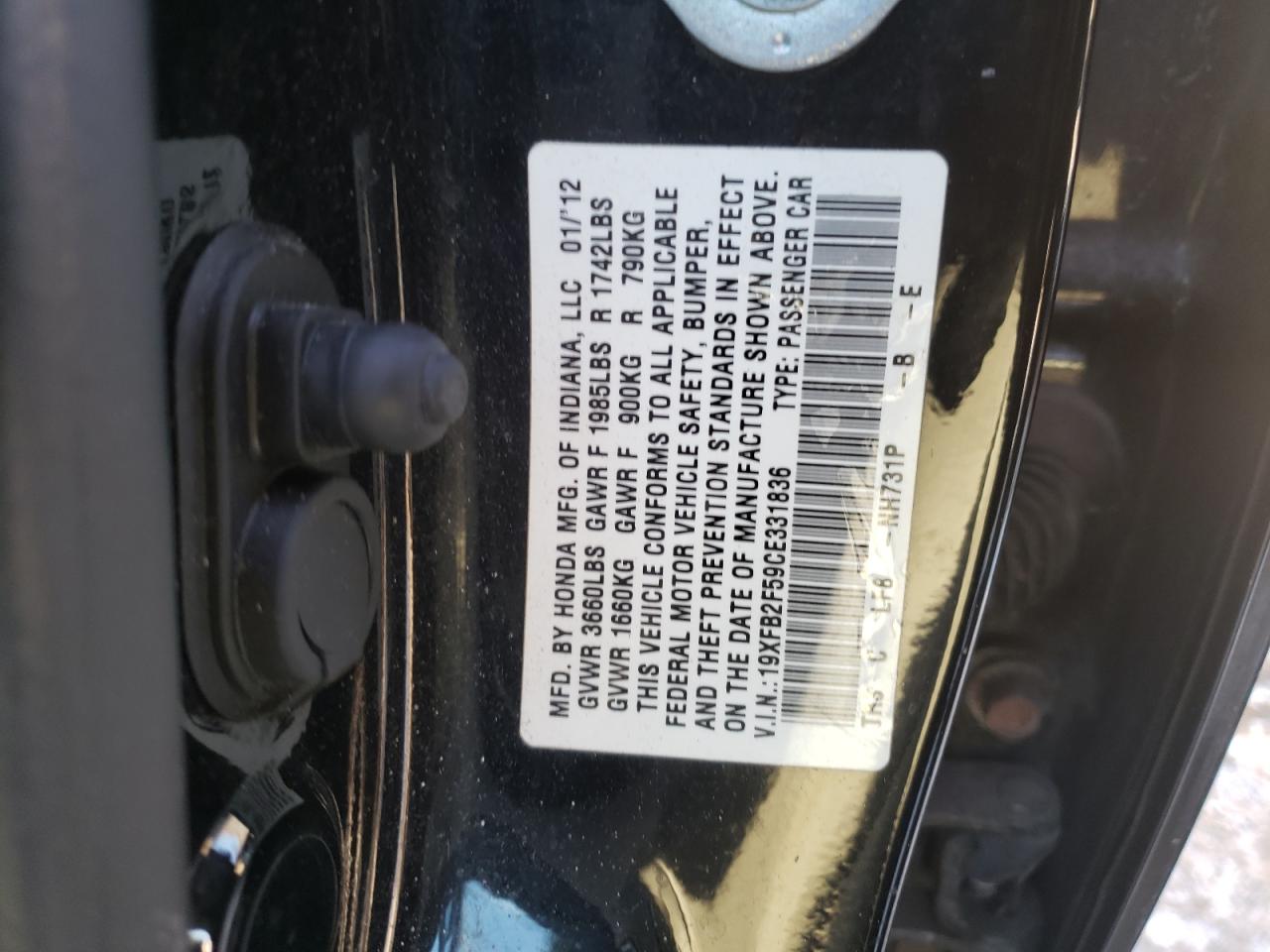 Photo 10 from auction – 2012 HONDA CIVIC LX with VIN 19XFB2F59CE331836