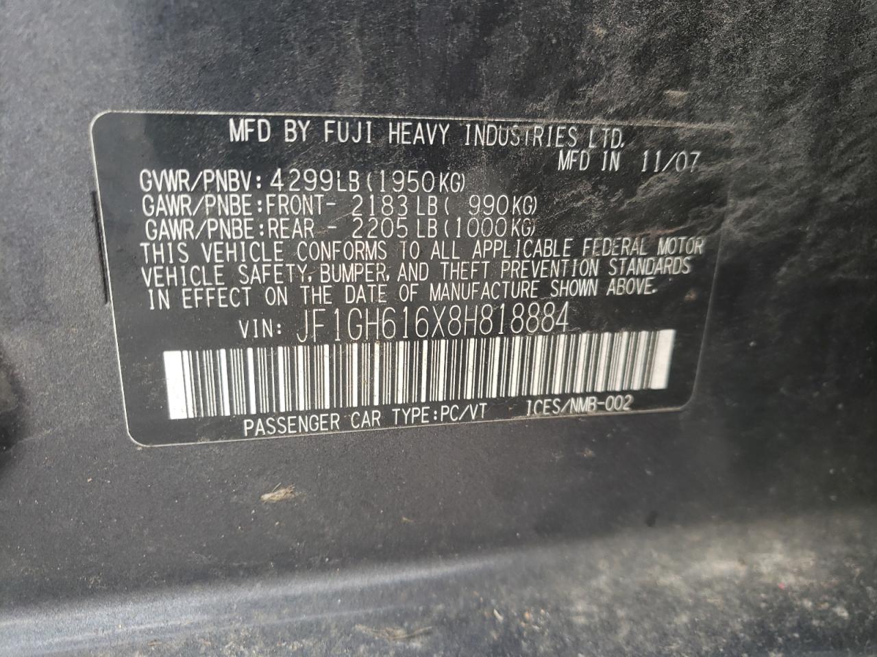 Photo 10 from auction – 2008 SUBARU IMPREZA 2. with VIN JF1GH616X8H818884