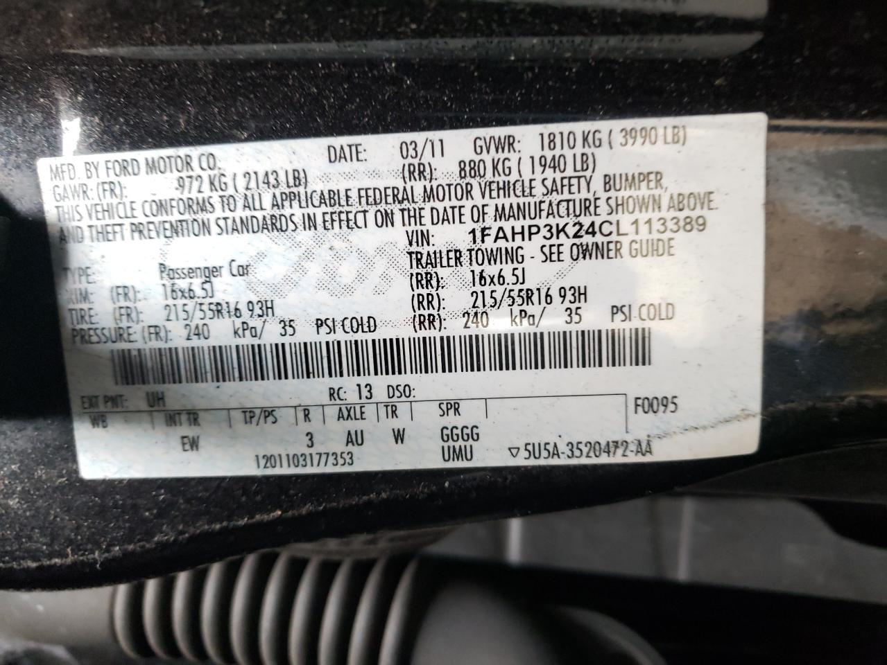 Photo 10 from auction – 2012 FORD FOCUS with VIN 1FAHP3K24CL113389