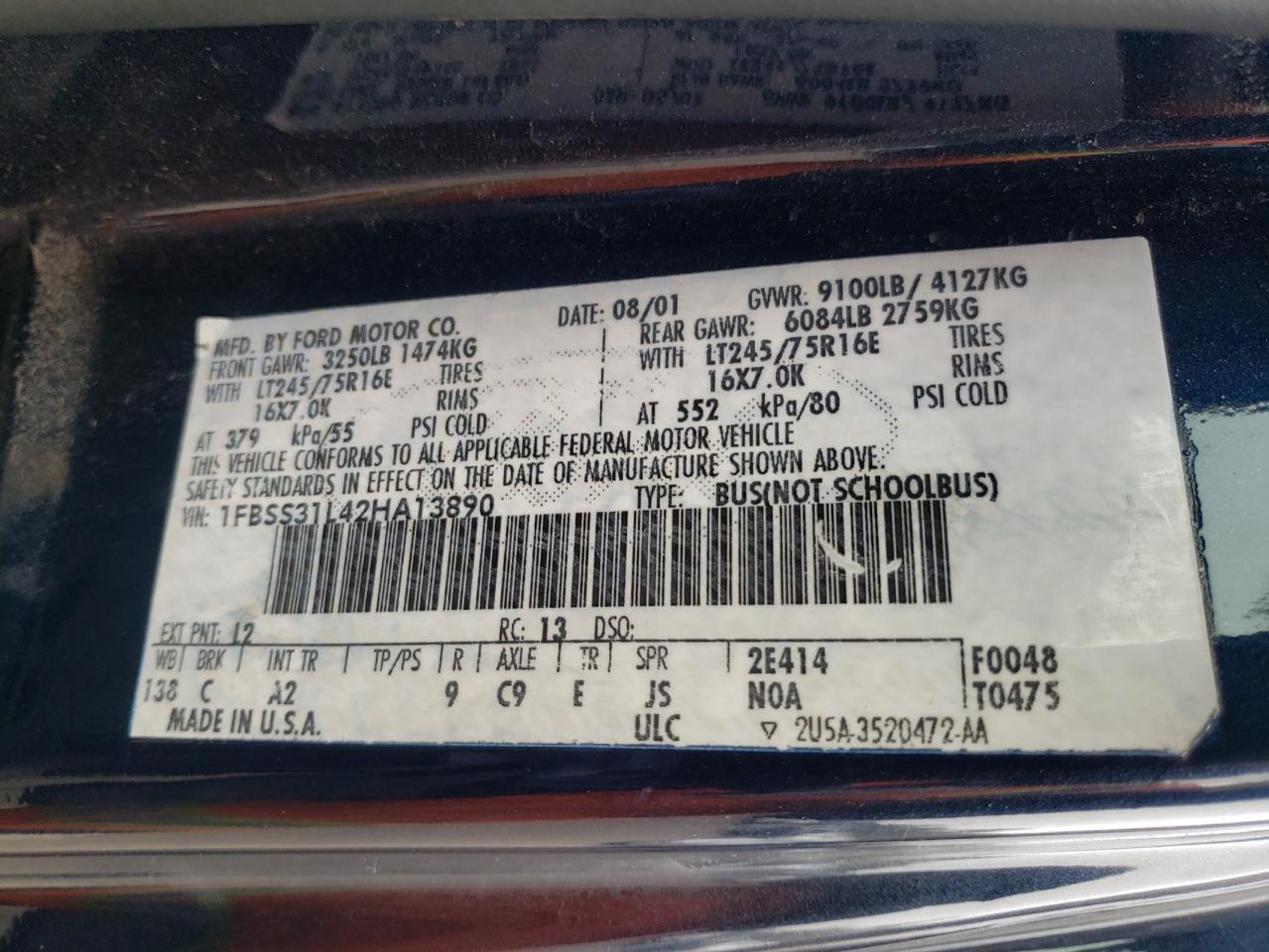 Photo 10 from auction – 2002 FORD ECONOLINE with VIN 1FBSS31L42HA13890