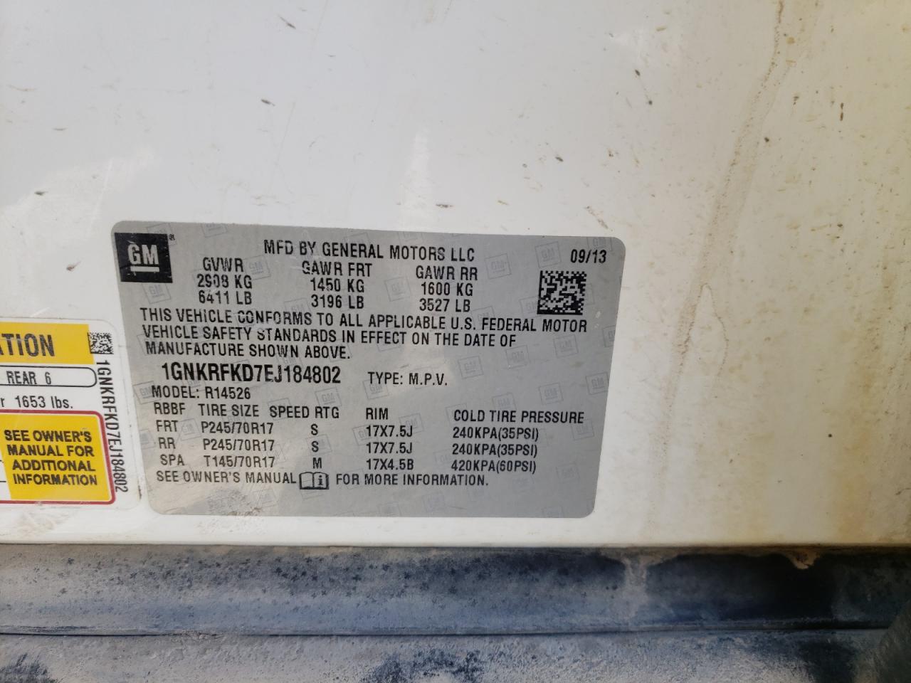 Photo 10 from auction – 2014 CHEVROLET TRAVERSE L with VIN 1GNKRFKD7EJ184802