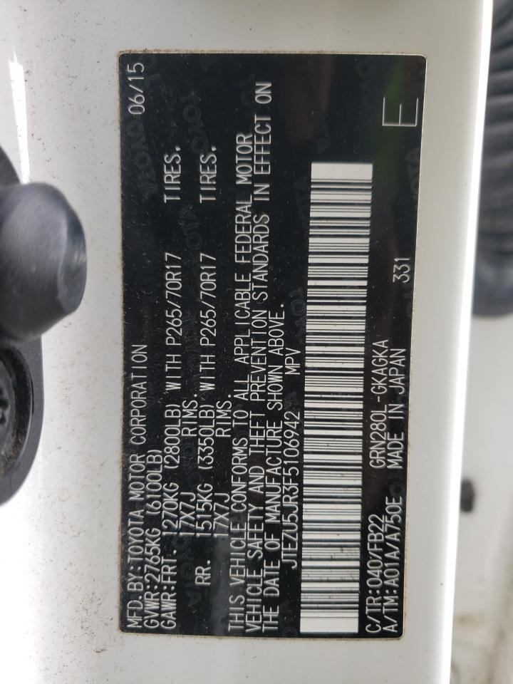 Photo 10 from auction – 2015 TOYOTA 4RUNNER SR with VIN JTEZU5JR3F5106942