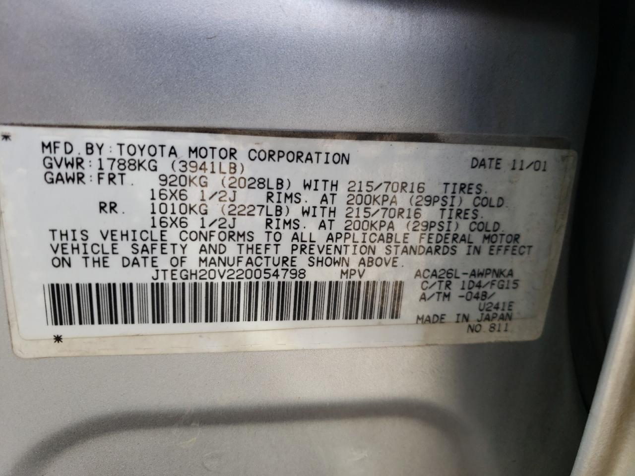 Photo 10 from auction – 2002 TOYOTA RAV4 with VIN JTEGH20V220054798
