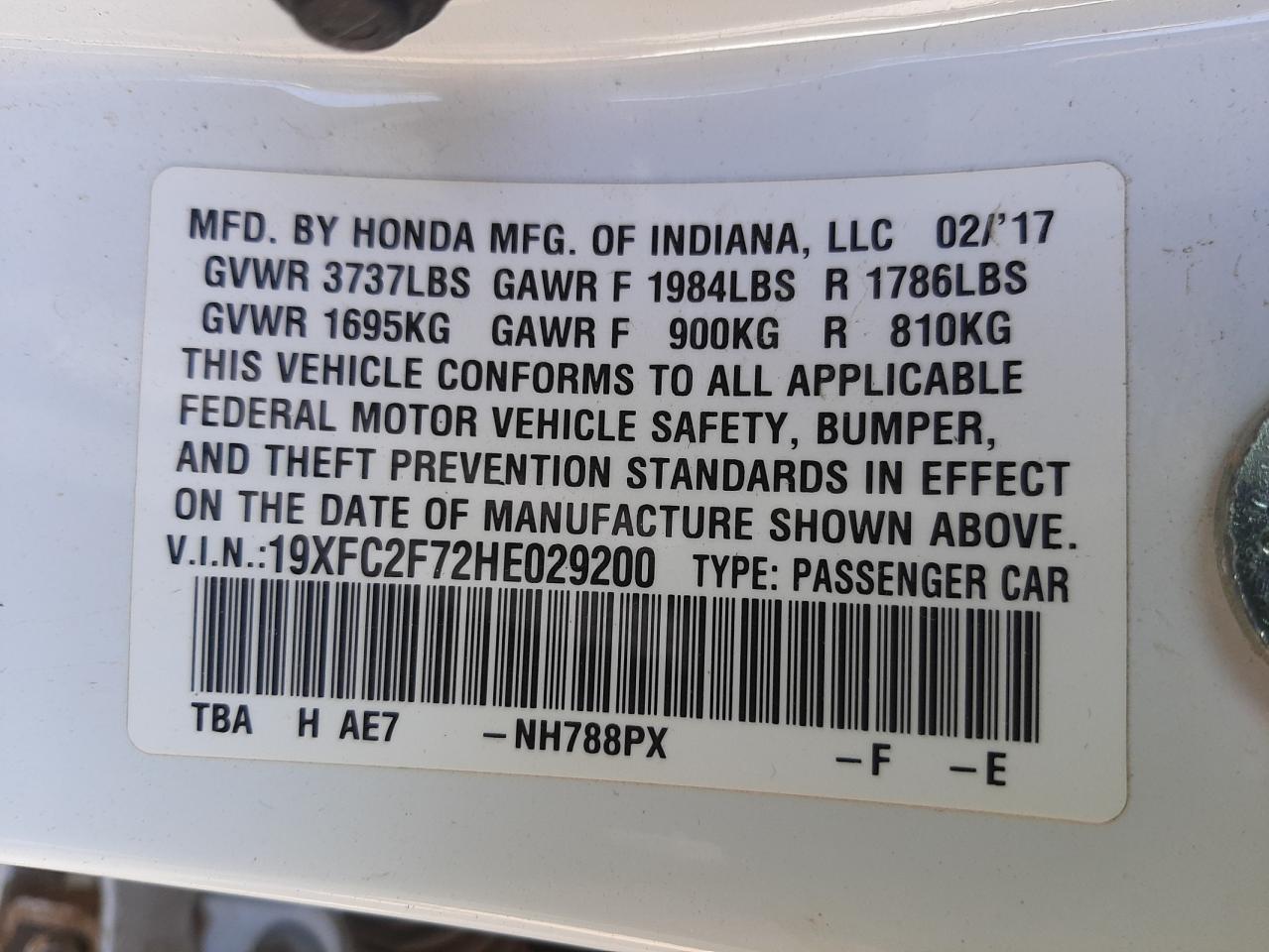 Photo 10 from auction – 2017 HONDA CIVIC EX with VIN 19XFC2F72HE029200