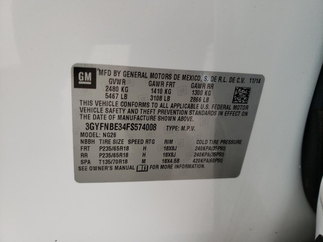 Photo 10 from auction – 2015 CADILLAC SRX with VIN 3GYFNBE34FS574008