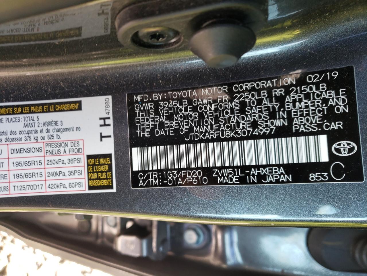 Photo 10 from auction – 2019 TOYOTA PRIUS with VIN JTDKARFU8K3074997
