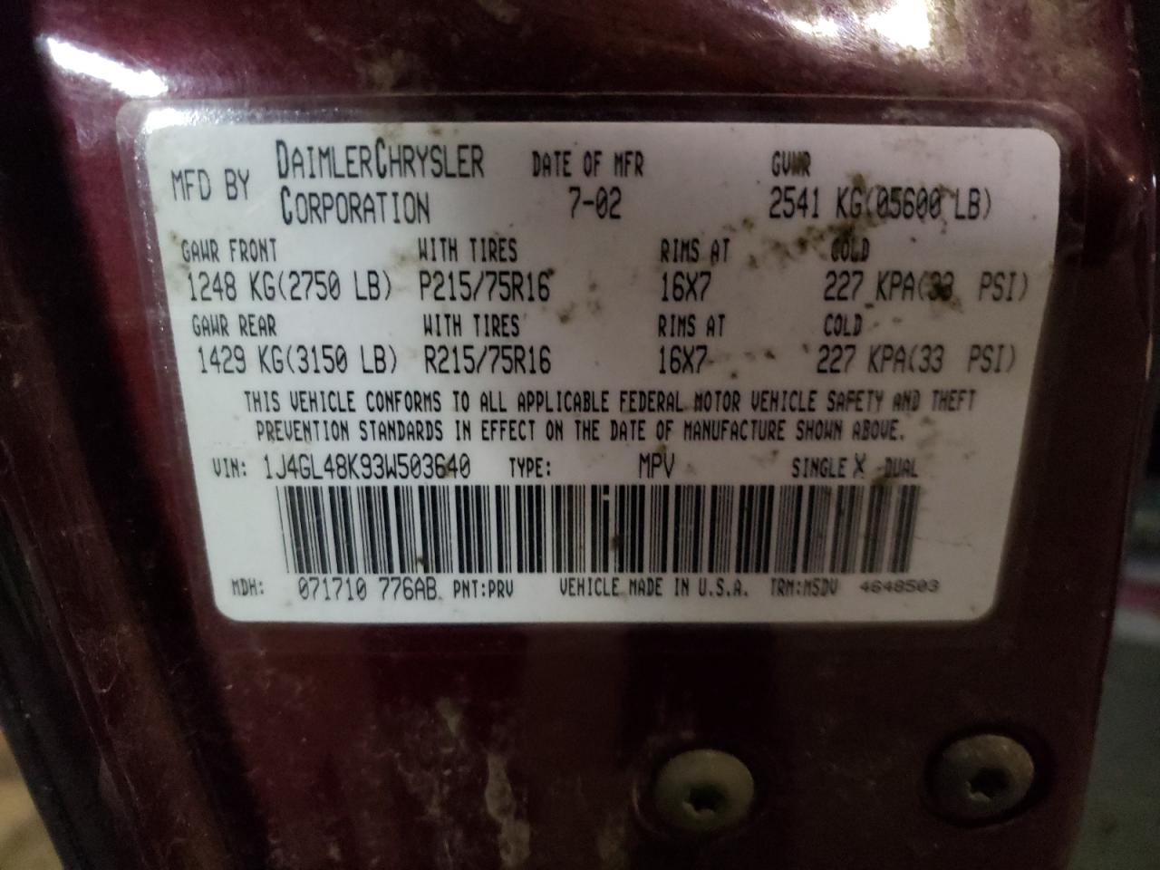 Photo 10 from auction – 2003 JEEP LIBERTY SP with VIN 1J4GL48K93W503640