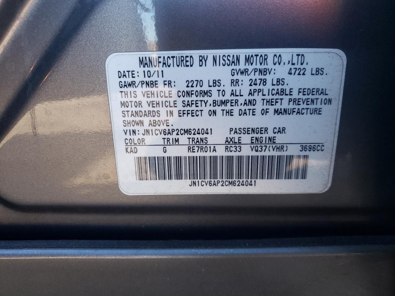 Photo 10 from auction – 2012 INFINITI G37 BASE with VIN JN1CV6AP2CM624041