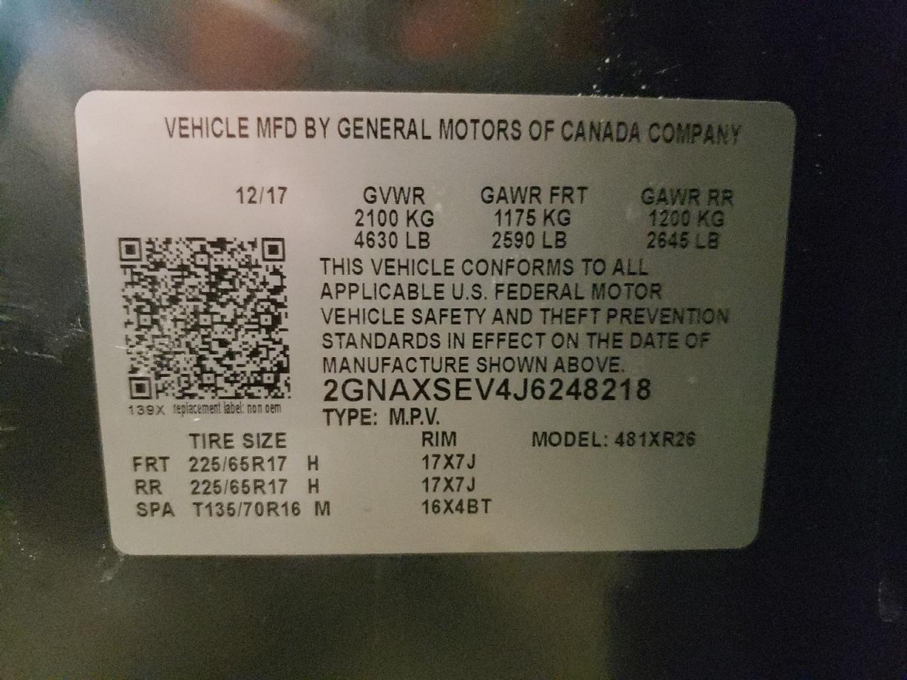 Photo 10 from auction – 2018 CHEVROLET EQUINOX LT with VIN 2GNAXSEV4J6248218