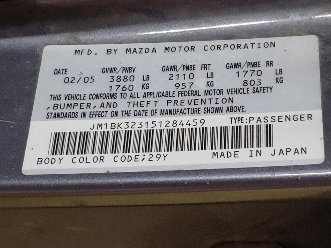 Photo 10 from auction – 2005 MAZDA 3 S with VIN JM1BK323151284459
