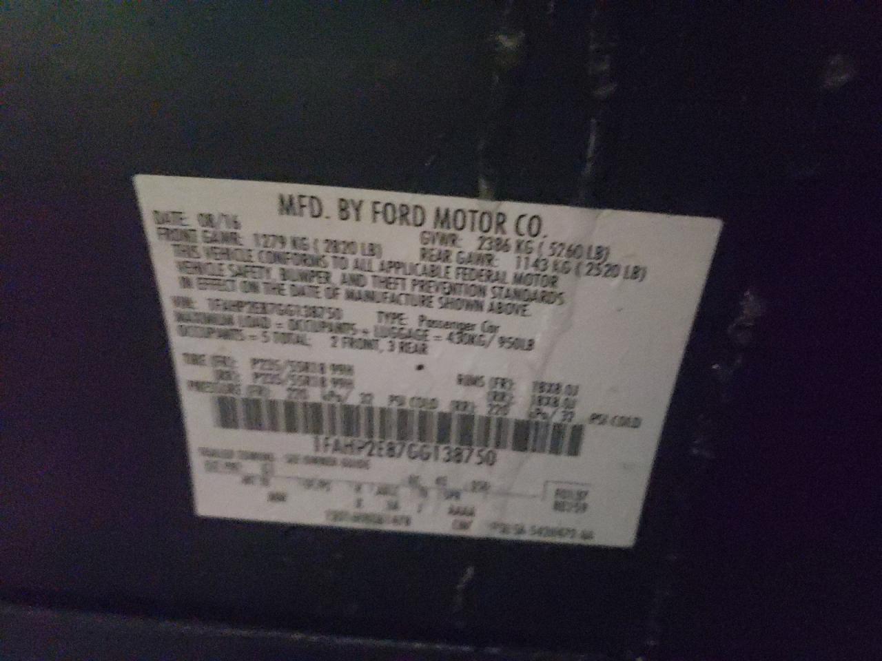 Photo 10 from auction – 2016 FORD TAURUS SEL with VIN 1FAHP2E87GG138750