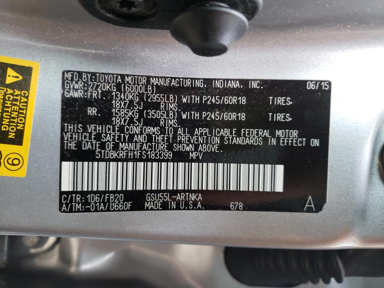 Photo 10 from auction – 2015 TOYOTA HIGHLANDER with VIN 5TDBKRFH1FS183399