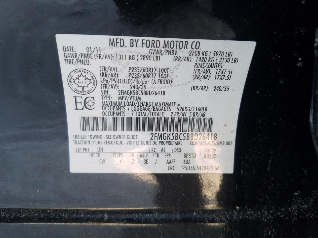 Photo 10 from auction – 2011 FORD FLEX SE with VIN 2FMGK5BC5BBD26418