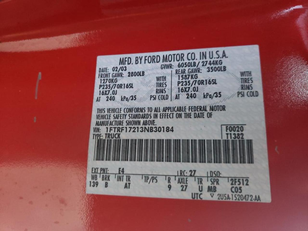 Photo 10 from auction – 2003 FORD F150 with VIN 1FTRF17213NB30184
