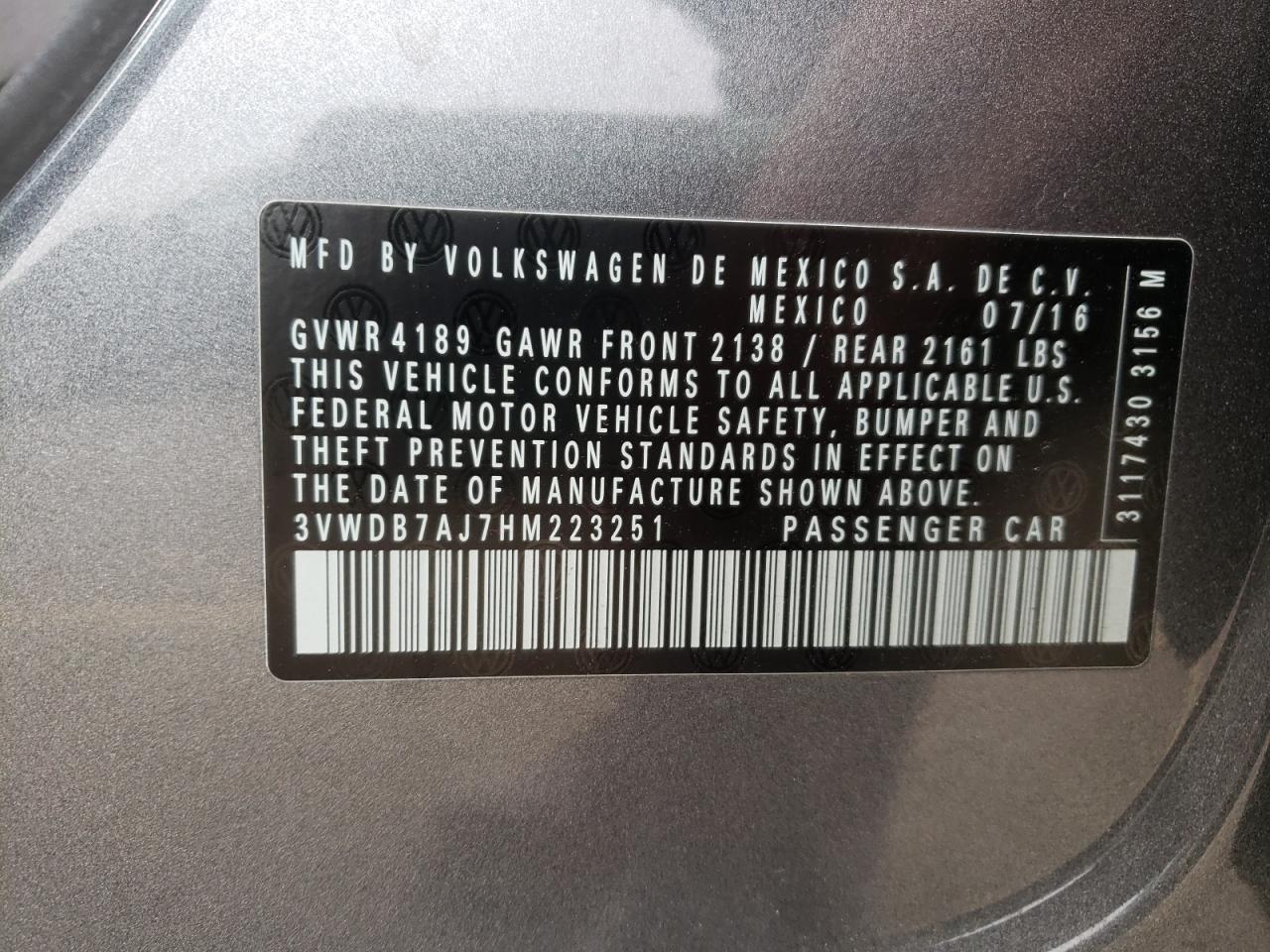 Photo 10 from auction – 2017 VOLKSWAGEN JETTA SE with VIN 3VWDB7AJ7HM223251