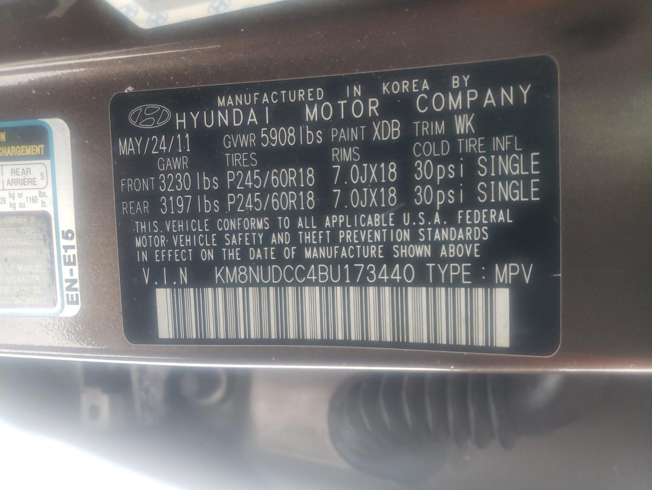 Photo 10 from auction – 2011 HYUNDAI VERACRUZ G with VIN KM8NUDCC4BU173440