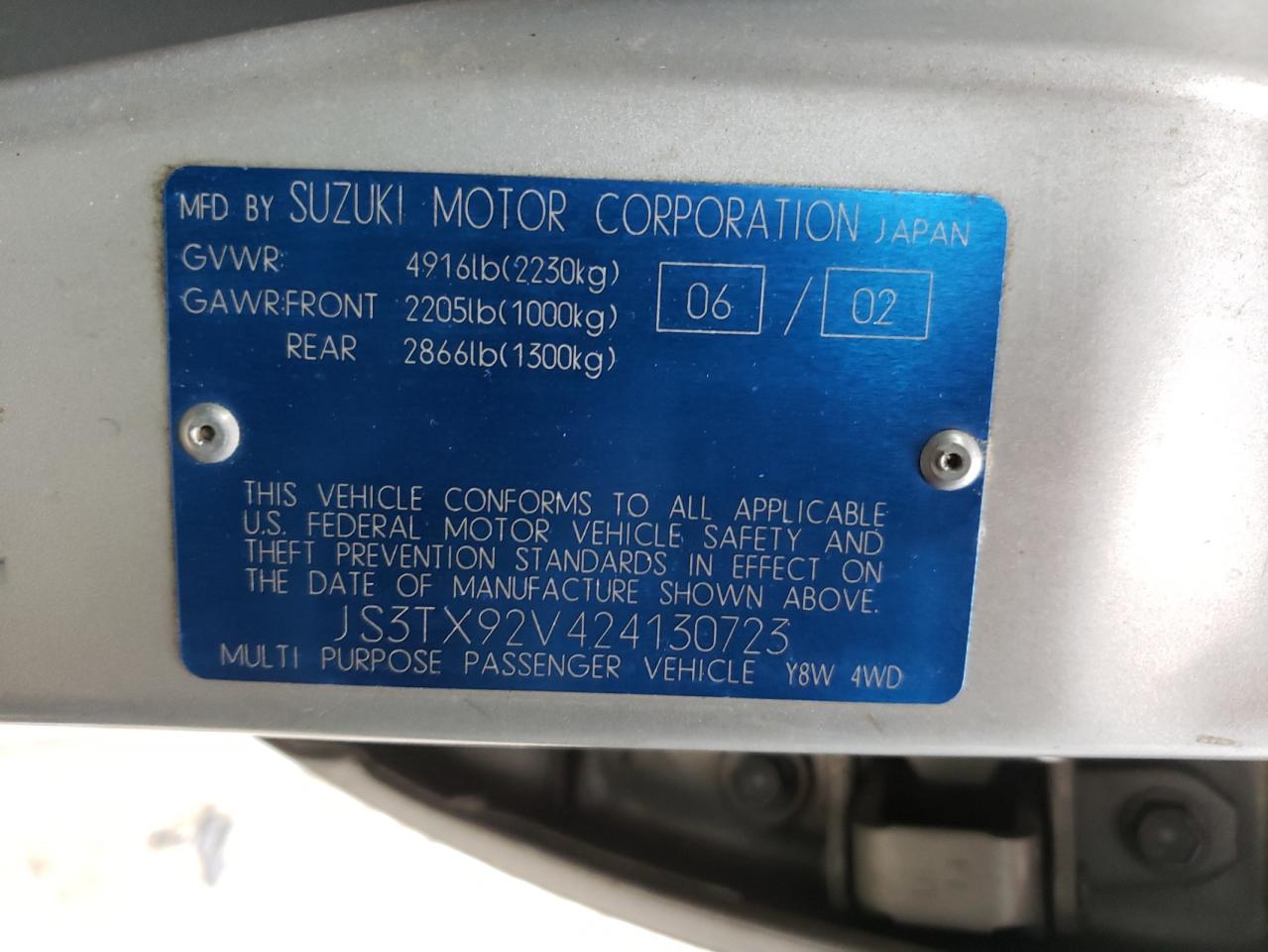 Photo 10 from auction – 2002 SUZUKI XL7 PLUS with VIN JS3TX92V424130723