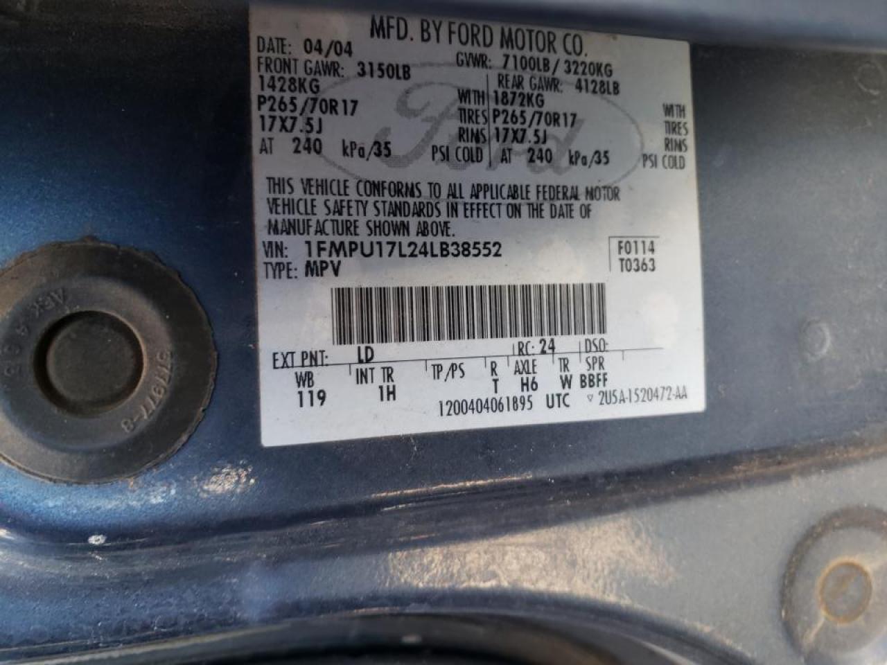 Photo 10 from auction – 2004 FORD EXPEDITION with VIN 1FMPU17L24LB38552