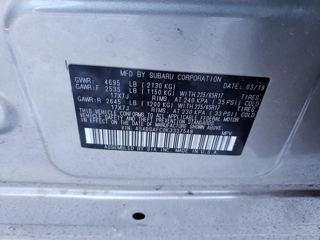 Photo 10 from auction – 2019 SUBARU OUTBACK 2. with VIN 4S4BSAFC0K3337548