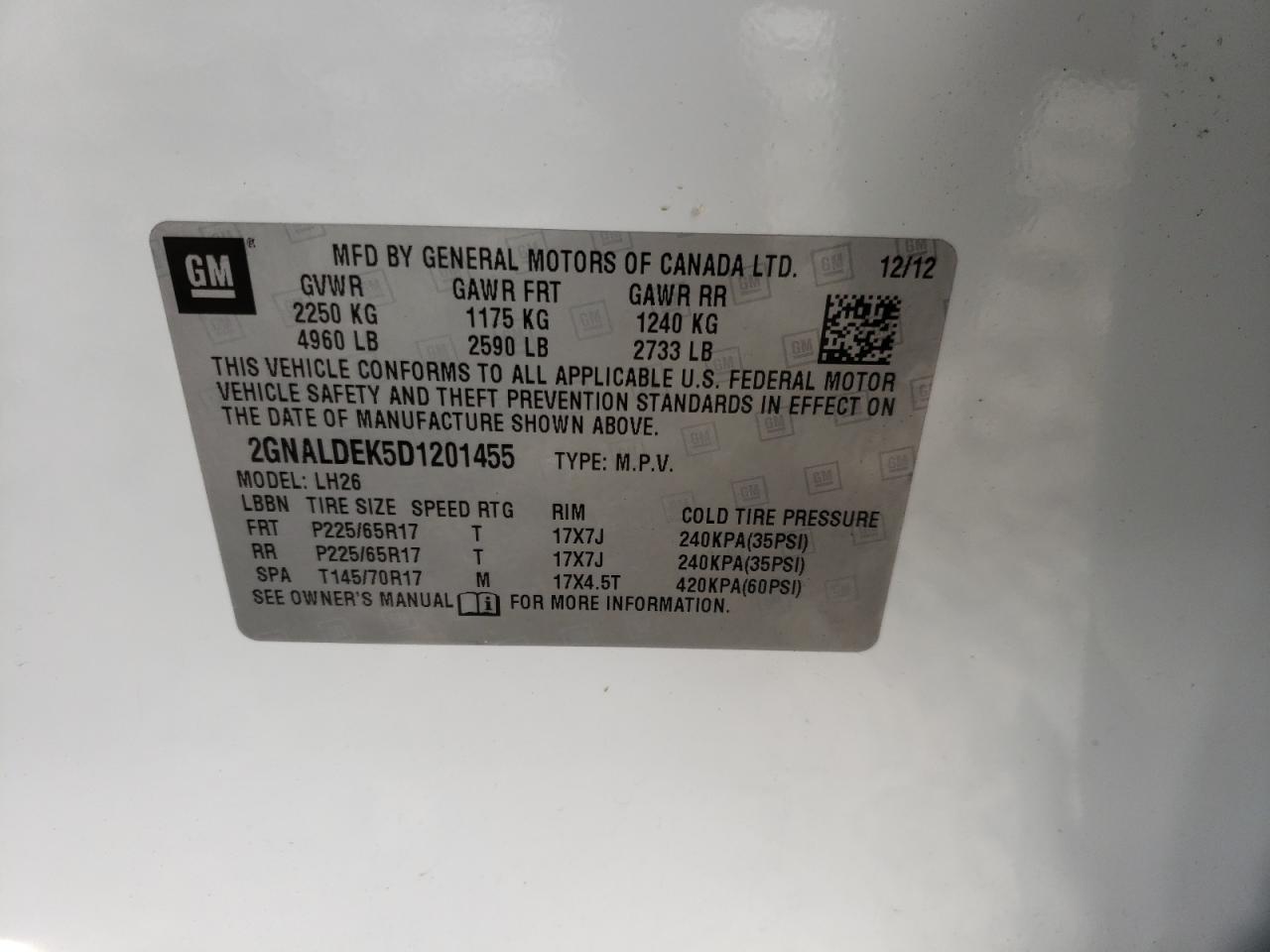 Photo 10 from auction – 2013 CHEVROLET EQUINOX LT with VIN 2GNALDEK5D1201455
