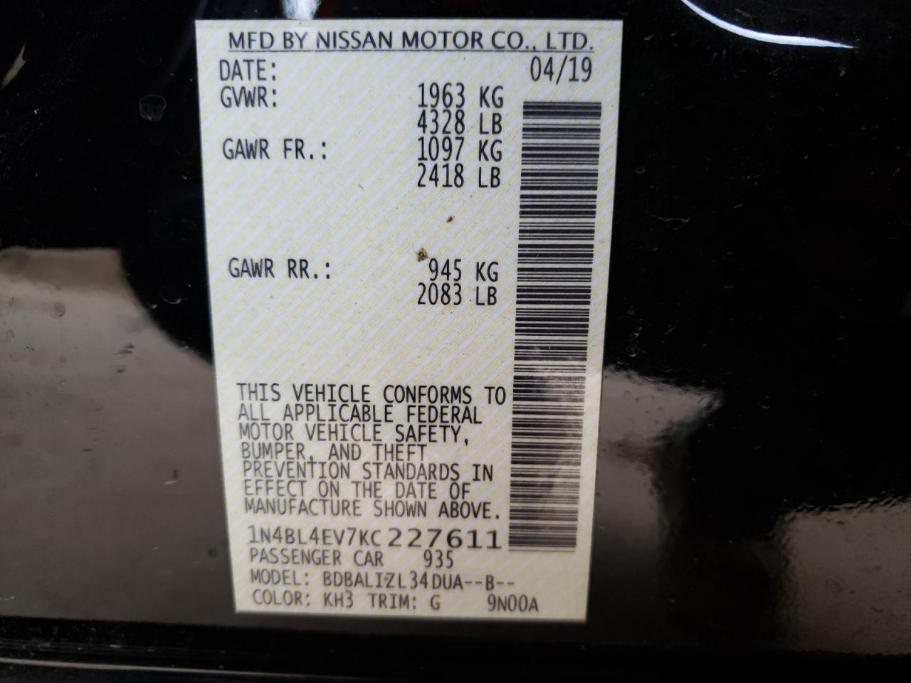 Photo 10 from auction – 2019 NISSAN ALTIMA SL with VIN 1N4BL4EV7KC227611