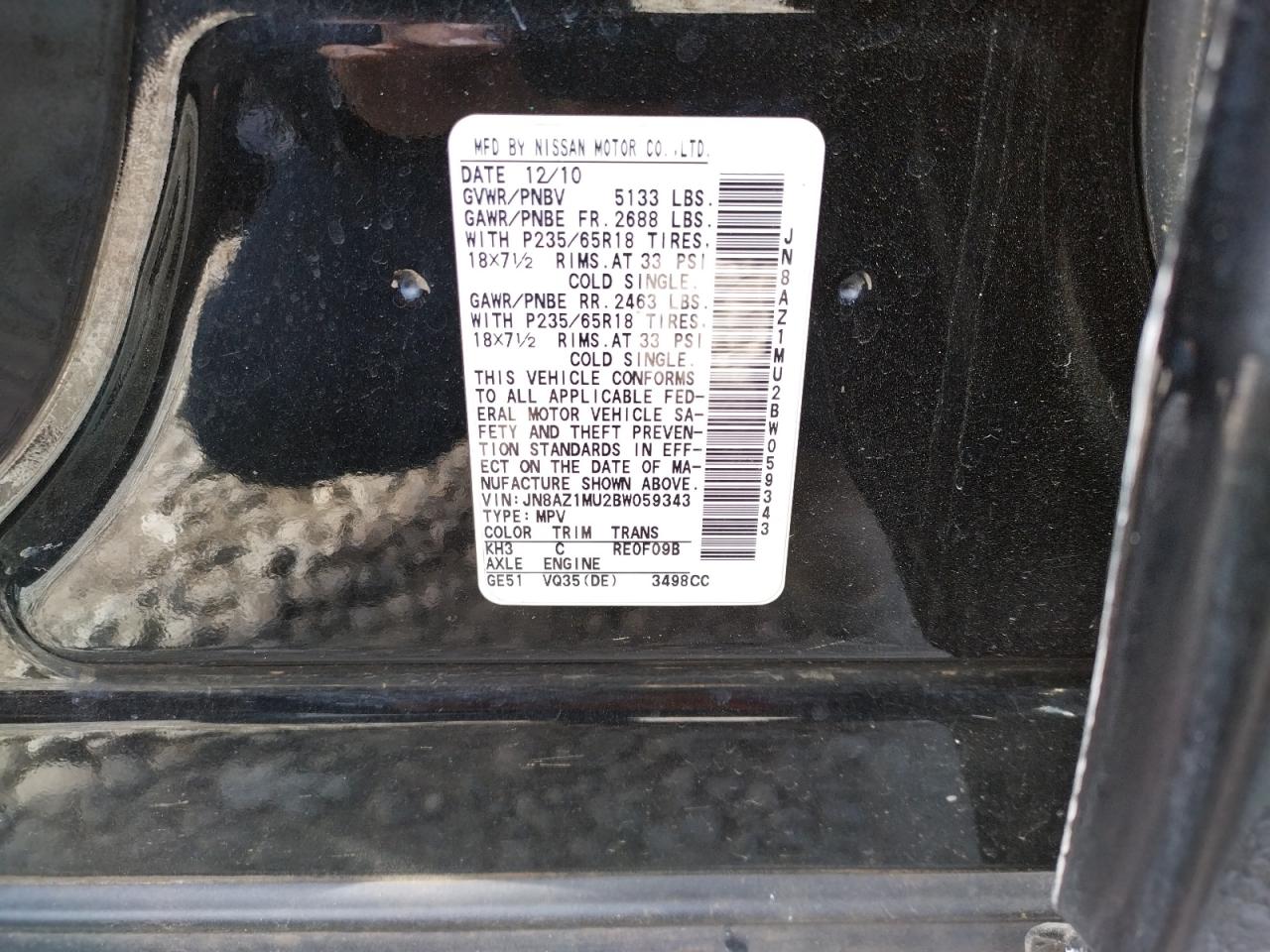Photo 10 from auction – 2011 NISSAN MURANO S with VIN JN8AZ1MU2BW059343