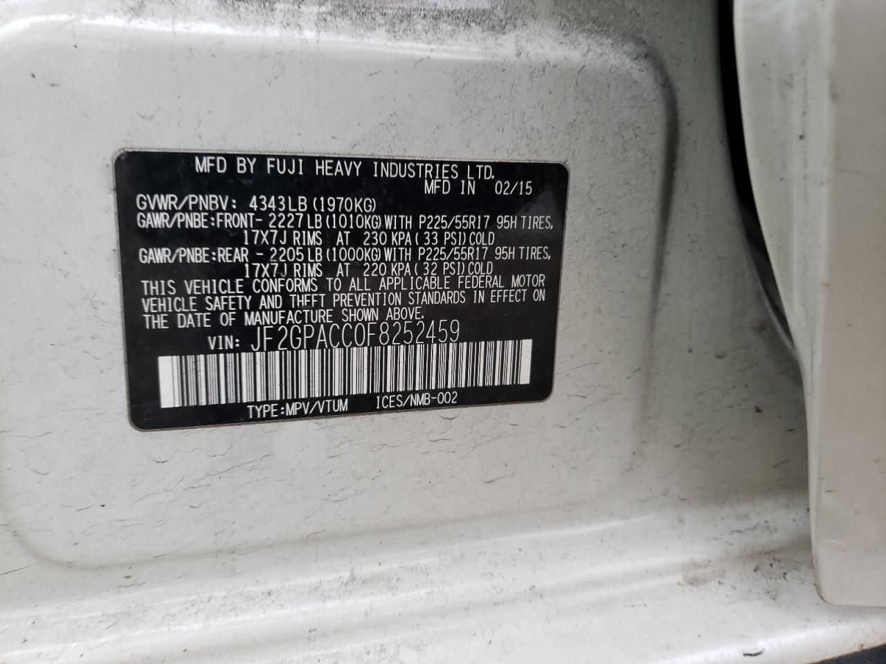 Photo 10 from auction – 2015 SUBARU XV CROSSTR with VIN JF2GPACC0F8252459