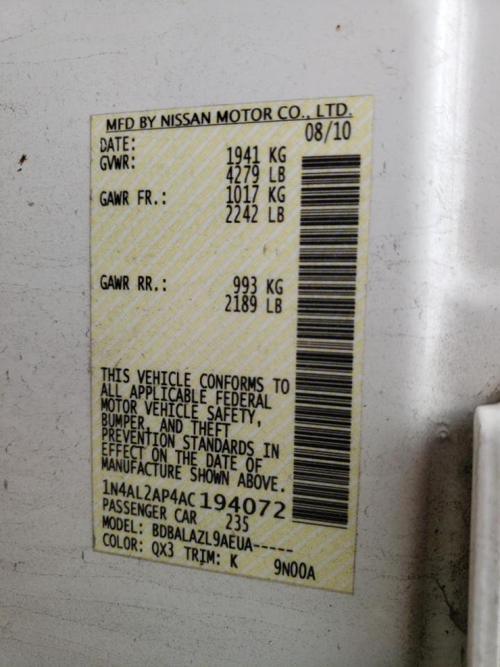 Photo 10 from auction – 2010 NISSAN ALTIMA BAS with VIN 1N4AL2AP4AC194072