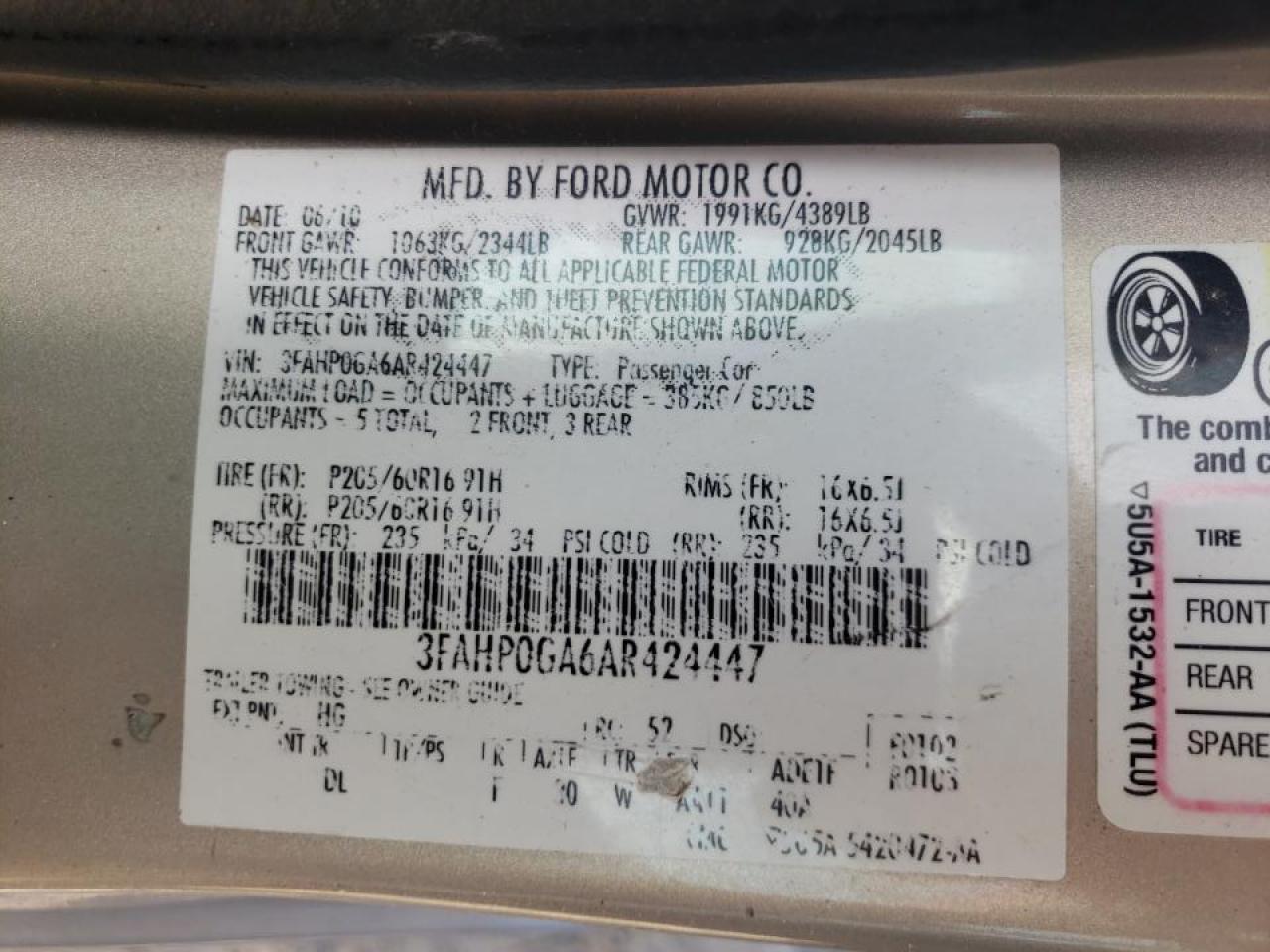 Photo 10 from auction – 2010 FORD FUSION S with VIN 3FAHP0GA6AR424447