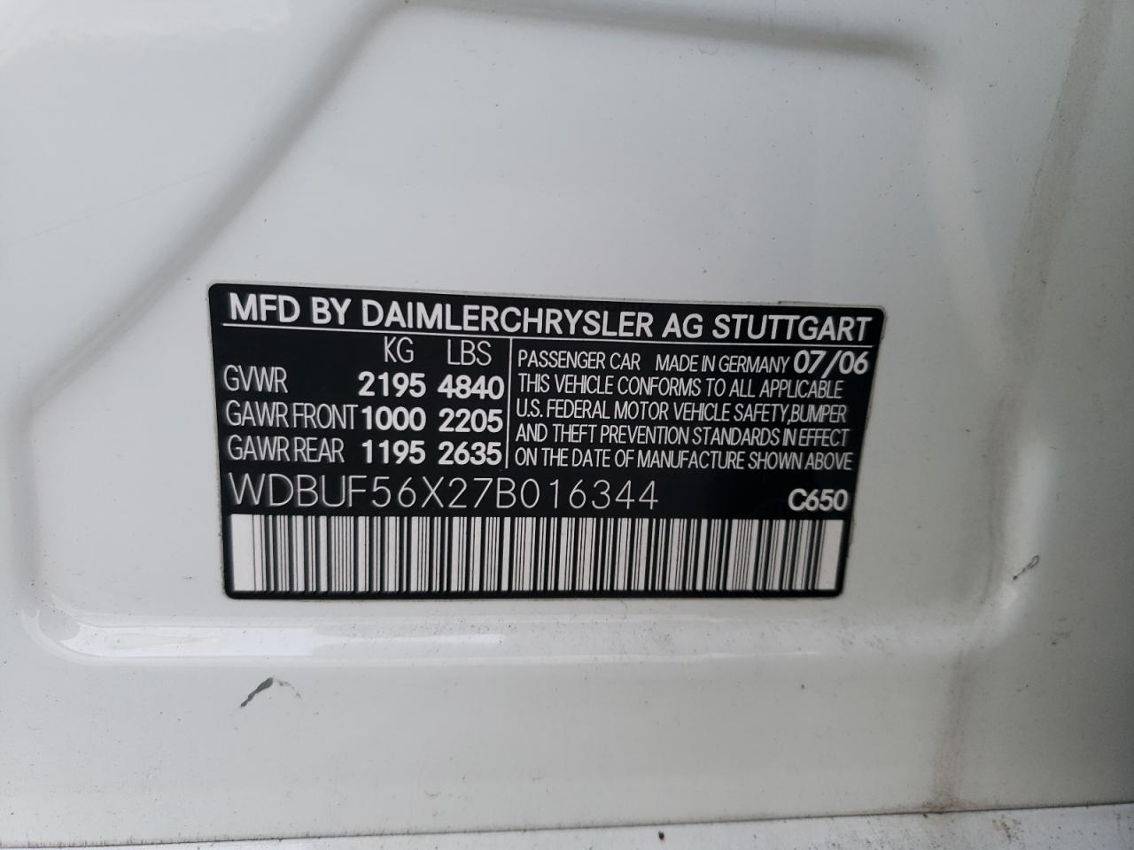 Photo 10 from auction – 2007 MERCEDES-BENZ E 350 with VIN WDBUF56X27B016344