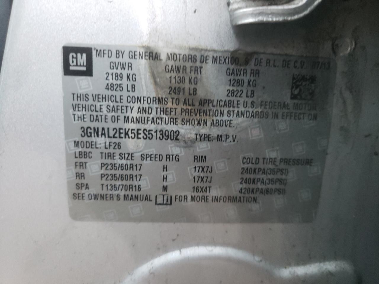 Photo 10 from auction – 2014 CHEVROLET CAPTIVA LS with VIN 3GNAL2EK5ES513902