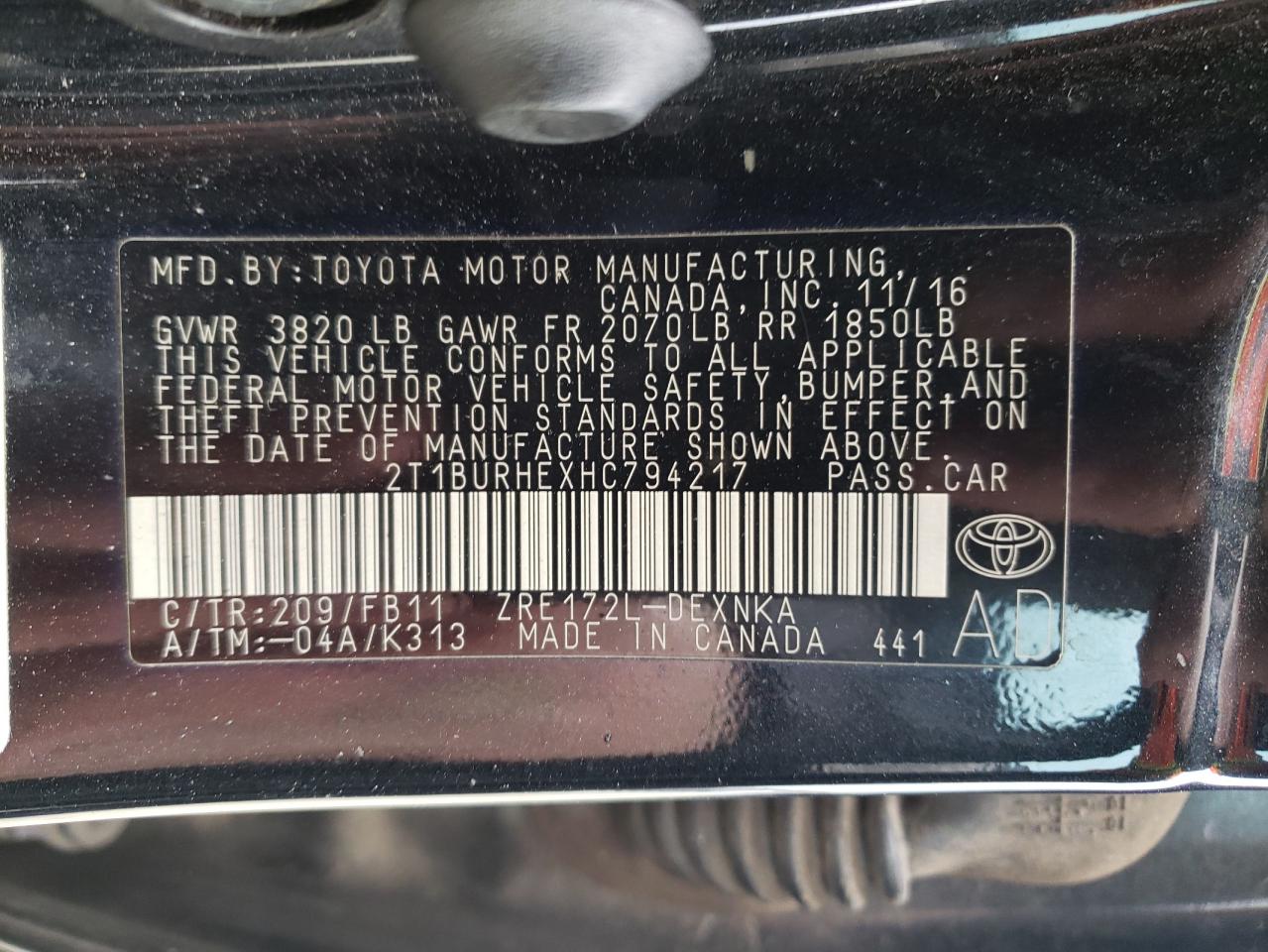 Photo 10 from auction – 2017 TOYOTA COROLLA L with VIN 2T1BURHEXHC794217