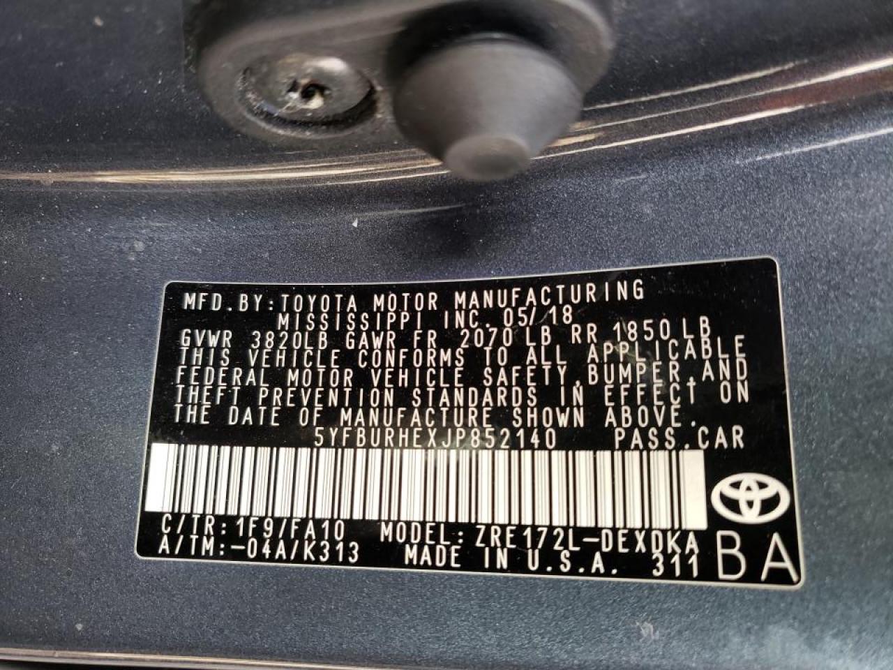 Photo 10 from auction – 2018 TOYOTA COROLLA L with VIN 5YFBURHEXJP852140